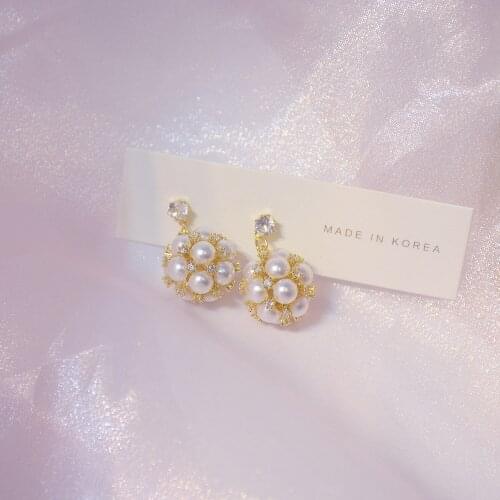 14k Real Gold Plated Fashion Jewelry Pearl Zircon Ball Retro French Luxury Earrings for Woman Party Holiday Shine Stud Earring