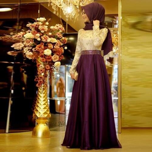 2016 Muslim Evening Dresses Long Sleeve Purple Green Embroidery Hijab Islamic Dubai Abaya Kaftan Prom Dress Robe de Soiree