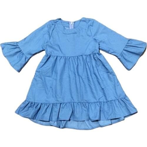 Girlymax Fall/winter Baby Girls Chlidren Clothes Solid Color Denim Dress Ruffles Knee Length Kids Clothing