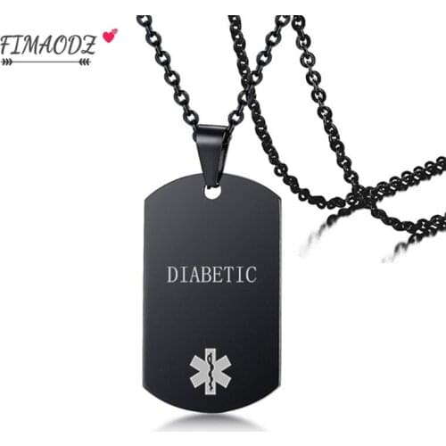 FIMAODZ Diabetic Medical Alert Black Necklace Stainless Steel Square Pendant Diabete Gift For Men Women