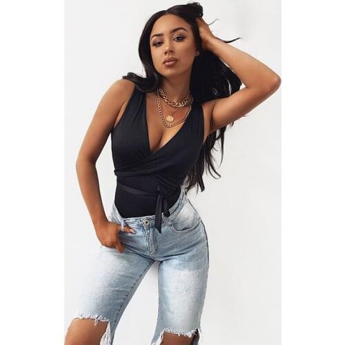 Women Sexy Sleeveless Bodysuit Top Summer Stylish Overalls Solid Deep V-neck Tie Up Slim Romper Jumpsuits Clubwear Apricot Black