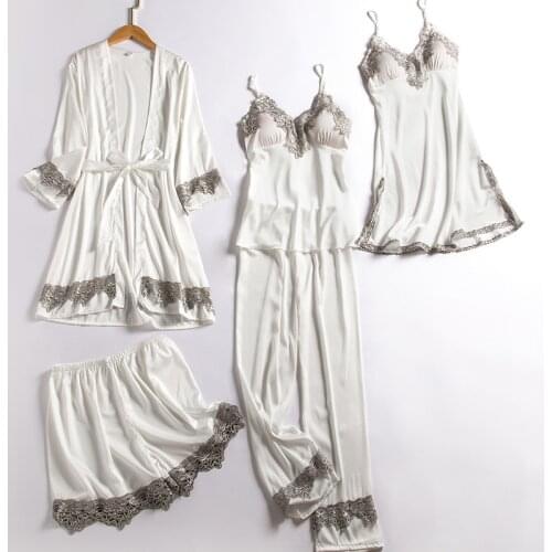Spring Womens Sleepwear Sleep Suit Lce Silk Pajamas Sets Sexy V-Neck 5PCS Pijamas Casual Nightwear Intimate Lingerie Home Wear
