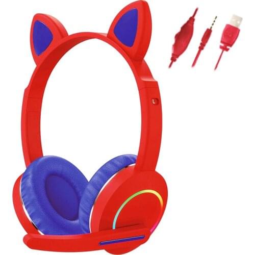 New Wired Cat Ear Headset Childrens Head-mounted Cartoon Headphone Glowing Cute Girl Student Wired Online Class Live Headphones