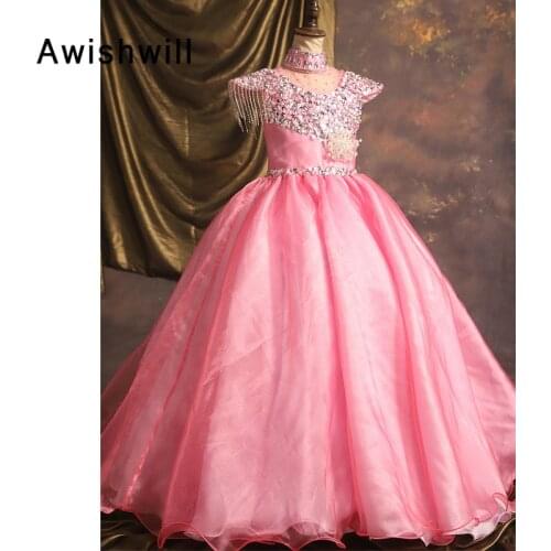 New Pink Pageant Dress Kids Prom Party Dress With Sleeves High Neck Beadings Organza Long Flower Girl Dress Communion Dress