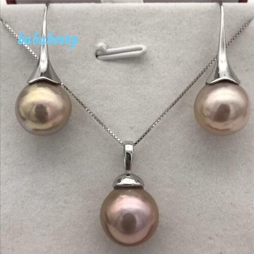 New AA12-13 mm real natural purple south sea pearl Tibetan silver earrings Pendant necklace set