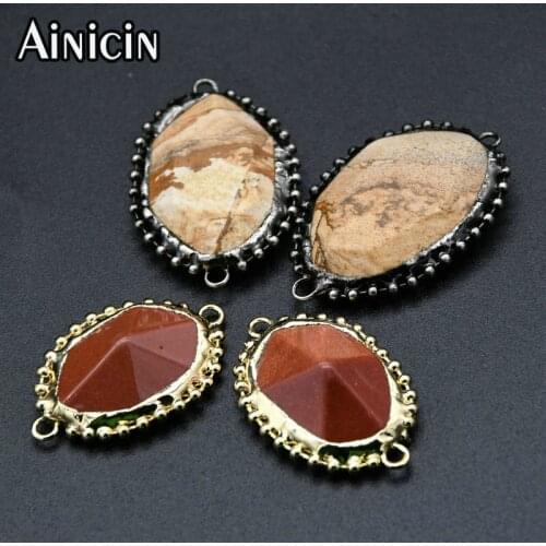 New Arrival Round Ball Chian Soldering Natural Picture Stone Gold Sand Stone DIY Jewelry Connectors Gold Gun Metal Color Pendant