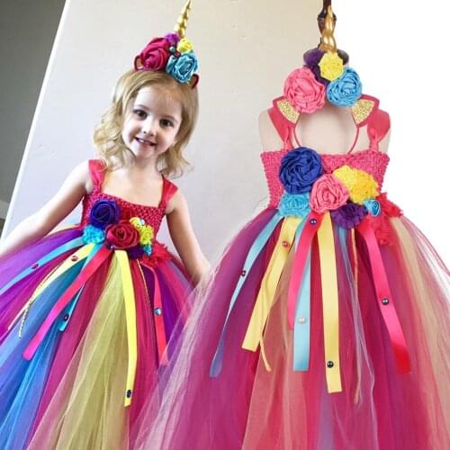 Unicorn Flower Girls Dresses with Headband Colorful New Baby Birthday Party Tutu Dresses Chirstmas Photograph Childrens Dresses