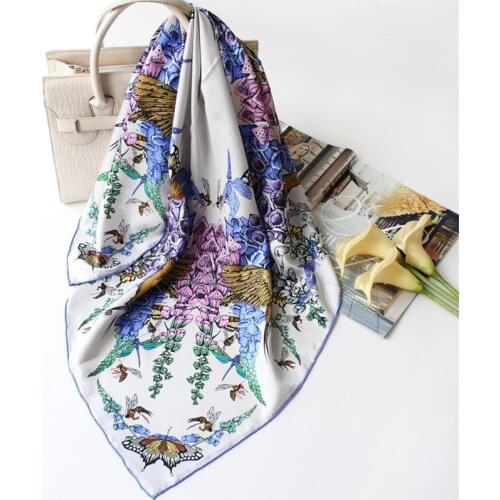 POBING 100% Real Twill Silk Scarf Women Floral Print Square Scarves Wraps Hand Rolled Foulards Femme Bandana Silk Hijabs 90CM