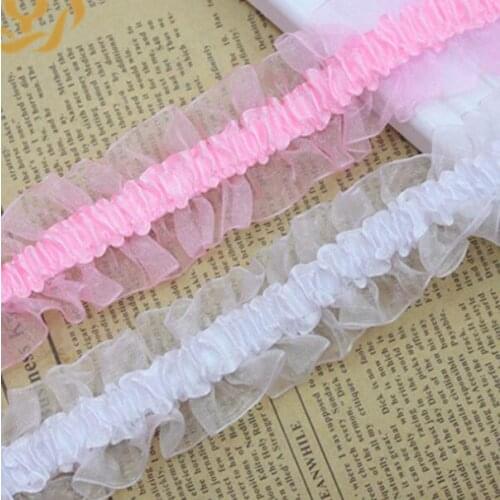 40Meter Pink Elastic Ruffled Lace Trim Stretch Pleat Lace Ribbons Bed Doll Clothes Baby Hair Band Headband Lace DIY Accessories