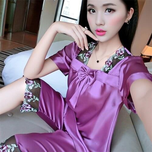 Sale summer sexy silk casual lace pajamas sets for women pyjama girls floral printed pajamas sleepwear ladies slim lingerie sets