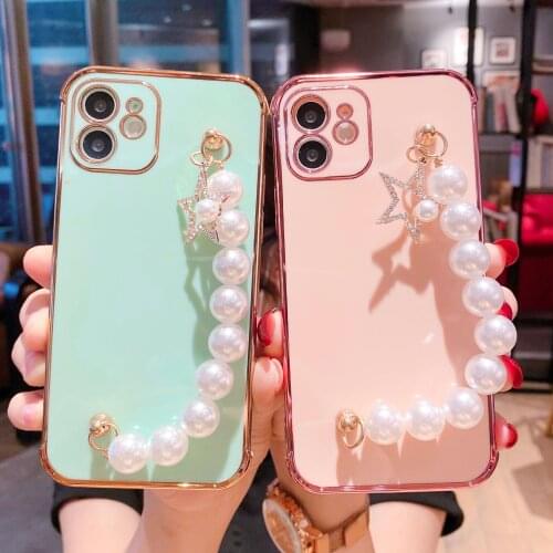 Luxury Plating Edge Star Pearl Wrist Strap Chain Case for iPhone 12 Mini 11 Pro Max Wristband Hand Holder Shockproof Soft Cover
