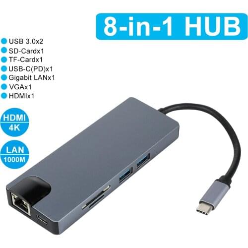 8-in-1 USB C HUB Type-C to Multi USB 3.0 HUB HDMI Adapter Converter Dock for Huawei Mate 30 USB-C Splitter Port