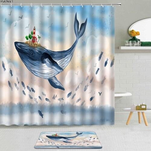 Cartoon Ocean Animal Whale Shower Curtain Dolphin Sea Turtle Blue Fish Polyester Fabric Non-Slip Bath Mat Bathroom Curtains Set