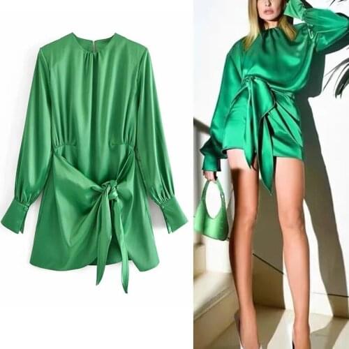 Za Long Sleeve Green Dress 2021 Mini Bow Tied Summer Elegant Women Dresses Lady Knot Wrap Evening Short Causal Sexy Dress