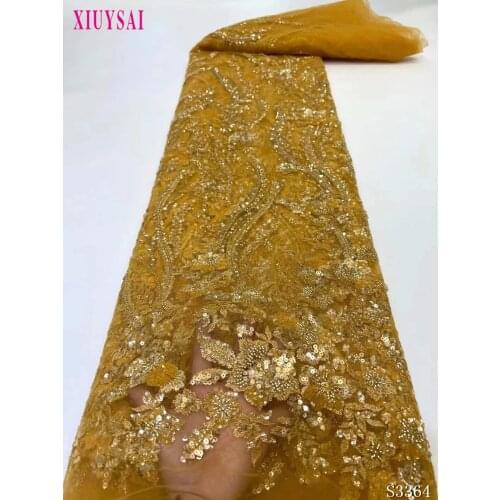 Green color handmade french beaded lace fabrics 2020 3d flower stones fabric luxury full beaded bridal lace fabric 5yards/lot