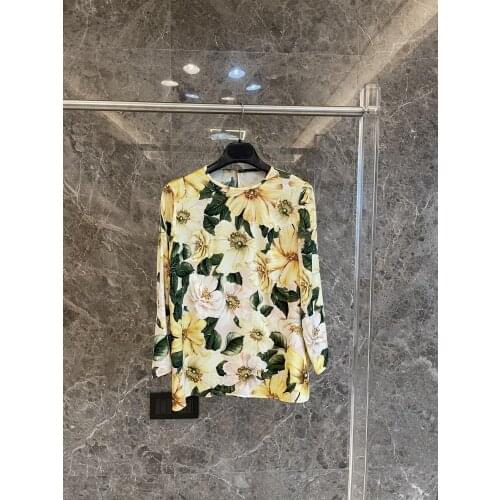 2021 Shirt Women Blouse Silk Camellia Print Floral Vacation O-Neck Full Vintage Long Sleeve Top Quality Sicily Runway