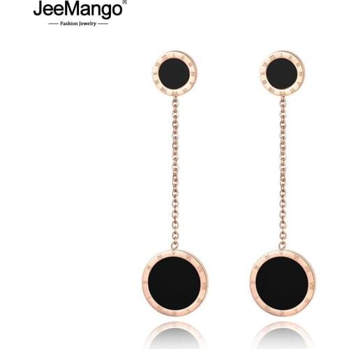 JeeMango Trendy Double Circle Roman Numerals Long Tassel Earrings For Women Titanium Steel Female Party Earrings Jewelry JE17055