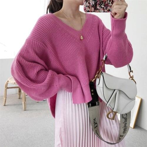 Womens Sweaters Fall Winter Korean New Casual Loose V-neck Solid Color Hem Split Knitted Pullovers For Female Simple Sweater