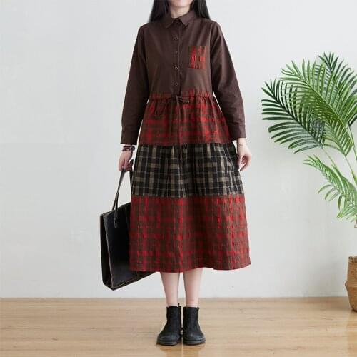 2021 New Korea Style Patchwork Plaid Fashion Blouse Women Spring Autumn Dress Cotton Linen Draw String Office Lady Work Dress