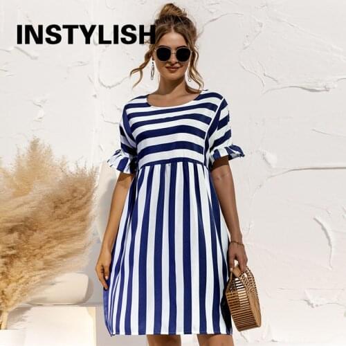 Women Elegant Ruffle Sleeve Striped Patchwork A Line Dress 2021 Summer Casual High Waist O Neck Loose Pocket Dress Beach Wear