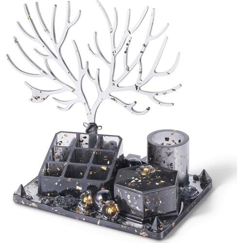 7pcs Crystal Epoxy Resin Molds Deer Makeup Jewelry Display Tray Silicone Mould 9-Slot Lipstick Organizer Pen Holder Mold