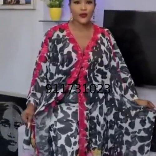 African mom dress fashion chiffon fabric digital printed wide leg pants two-piece set