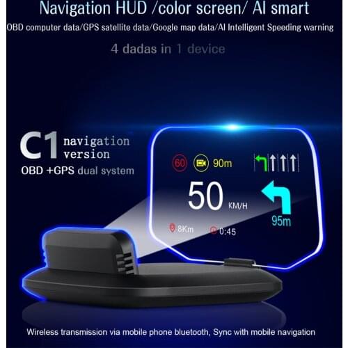 C1 Mirror HUD 2021 New OBD2+GPS Dual Mode Navigation Head Up Display Digital MPH KMH Speedometer Water & Oil Temp RPM