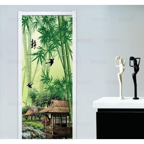 3D Door Decoration Wallpaper Modern Design Chinese Green Bamboo Pavilion Door Stickers Self-adhesive Waterproof Poster Mural