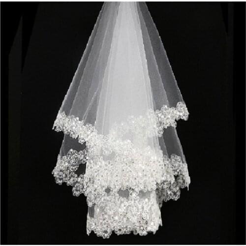 Bride Wedding Accessories One Layer Short Bridal Veils without Comb Lace Sequins Soft Tulle 1.5m Ivory/White Wedding Veils