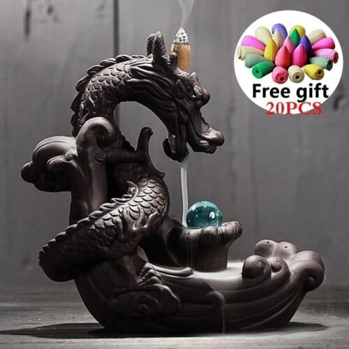 With 10Cones Free Gift Waterfall Ceramic Incense Burner Room Decor Dragon Figurine Holder Tobacco Heater Mixed Collectibles