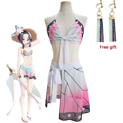 Kochou Shinobu Swimsuit Suit Anime Demon Slayer Cosplay Costume Woman Bikini Beach Swimsuits Set Summer Bathing Suit for Girl