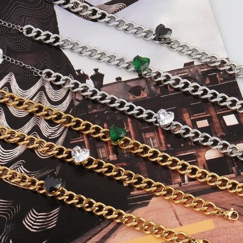 Stainless Steel Cuban Chunky Choker Necklace for Women Heart-shape Luxury Crystal Thick Chain Necklace Statement Jewelry Gift