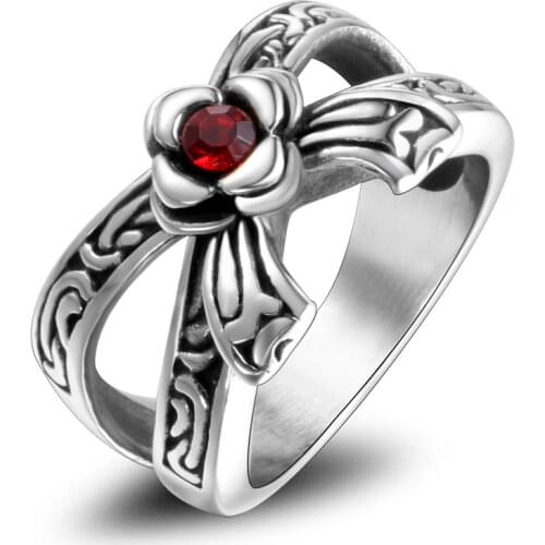 Men Rings Bowknot Flower Design Red Stone Stainless Steel Fashion Anniversary Jewelry size 7 8 9 10 11 12