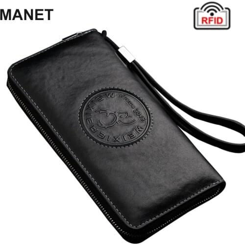 MANET RFID Genuine Leather Wallet Mens Vintage Business Purse with Multi Pockets Blocking Business Card Holder for Male