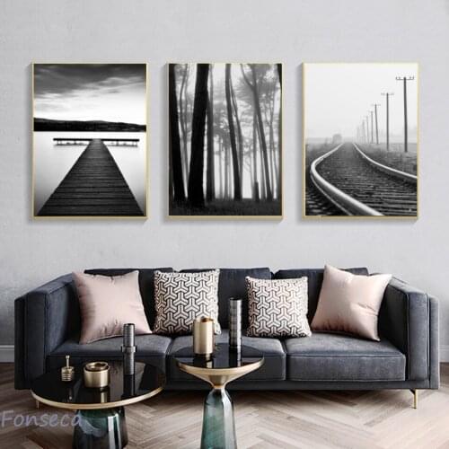 Black White Mountain Forest Railway Landscape Canvas Painting Nordic Posters and Prints Wall Art Pictures for Living Room