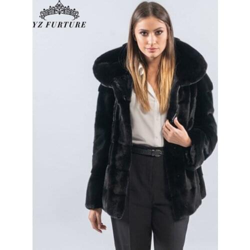 New Winter Warm 2020 100% Wholeskin Genuine Mink Fur Jacket For Lady With Long Sleeve And Big Fur Hat Outerwear Woman MKW-396