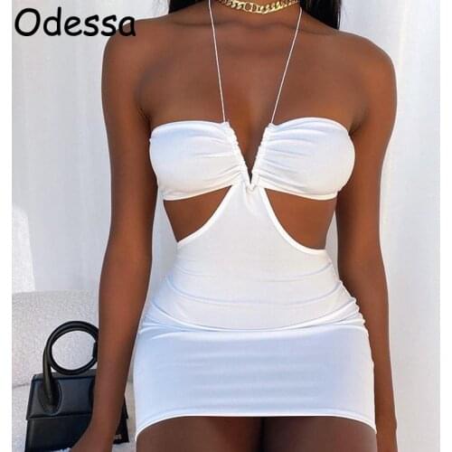 Odessa White Hollow Out Halter Corset Mini Dress Women Sexy Y2K Sleeveless V Neck Backless Bodycon Party Club Summer Black 2021