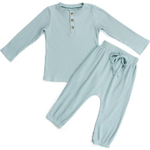 Kaiya Angle New Arrivals Outfits Solid Cotton Toddler Baby Girl Sets O-Neck Single Breasted Long Sleeves+Long Pants Wholesale