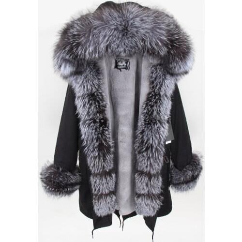 Maomaokong Natural fox fur coats Real Fur Winter Long Black Jacket Park Cotton thick warm leather grass parks Faux fur lining