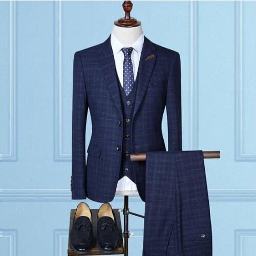Jacket+Vest+Pants)2018 autumn fashion causal woolen grid mens suis wedding dress suit men mens business suits full size S-4XL