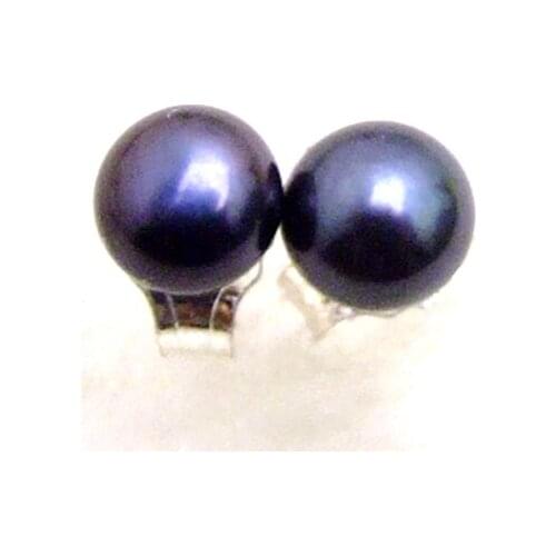Qingmos 5-6mm Round Natural Freshwater Black Pearl Earring for Women with Stering Silver 925 Stud Earring Fine Jewelry Ear397