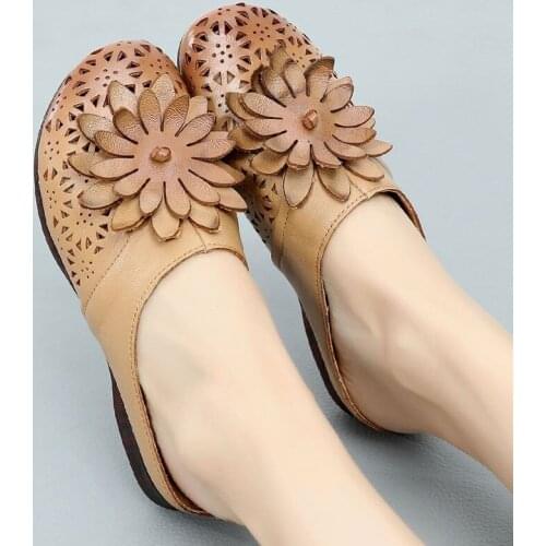 Vintage Genuine Leather Women Slippers Summer Shoes Flat Retro Slip on Floral Hollow Large Size Sandal Shoes Sandalias Mujer 43