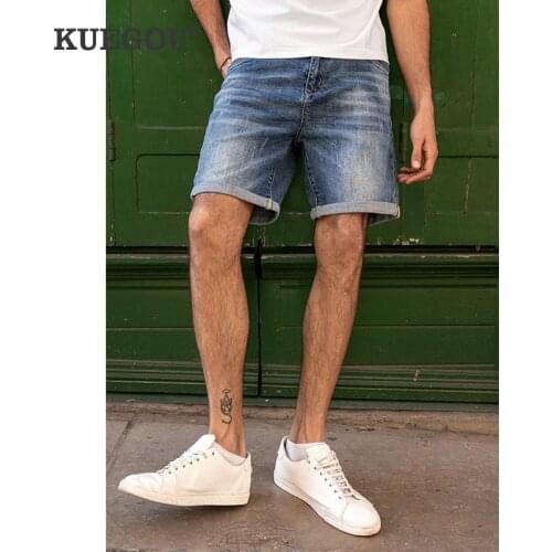 KUEGOU Cotton Stretch Denim Shorts Wash Wear Men Fashion Short Jeans Summer Moustache Effect High Quality Clothing Blue KK-3026