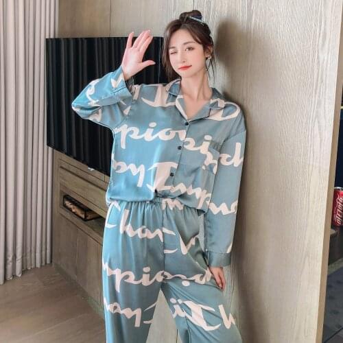 Spring Nighty Women Sleepwear Sexy Sleepwear Snow and ice silk Pajama Set Loose Version Lapel Imitated Silk Fabric Plus Size