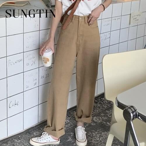 Sungtin Vintage High Waist Wide Leg Pants Woman Casual Denim Pants Loose Straight Trousers Korean Female Streetwear Khaki Jeans