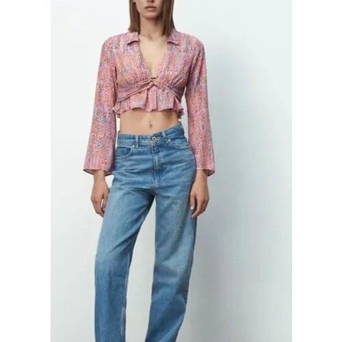 XIKOM 2021 Summer Women Vintage Print Shirt Female Sexy V Neck Streetwears Blouses Casual Tie Slim Shirt Chic Blusas Top