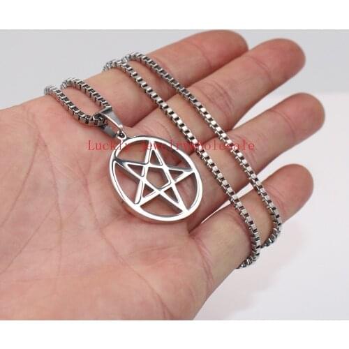 Stainless steel jewelry mens Boys Pentagram Pentacle in Circle Wiccan Pagan necklace pendant 2.4mm24'' box chain