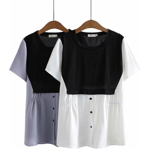 Womens Clothing Blouses&Shirts Plus Size 2021 Summer New Show Thin Loose Fake Two Piece Short Sleeve Tops