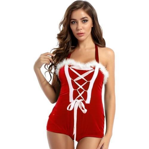 Womens Flannel Sexy Bodysuits Front Lace Up Sleeveless Jumpsuits Feather Trimming Rompers Lingerie Christmas Party Costume Ball
