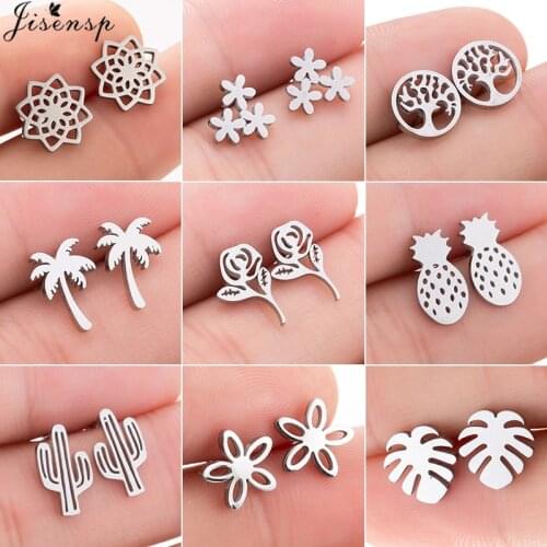 Jisensp Vintage Geometric Plant Stud Earrings for Women Stainless Steel Jewelry Earings Small Earrings Boucle d'oreille Femme
